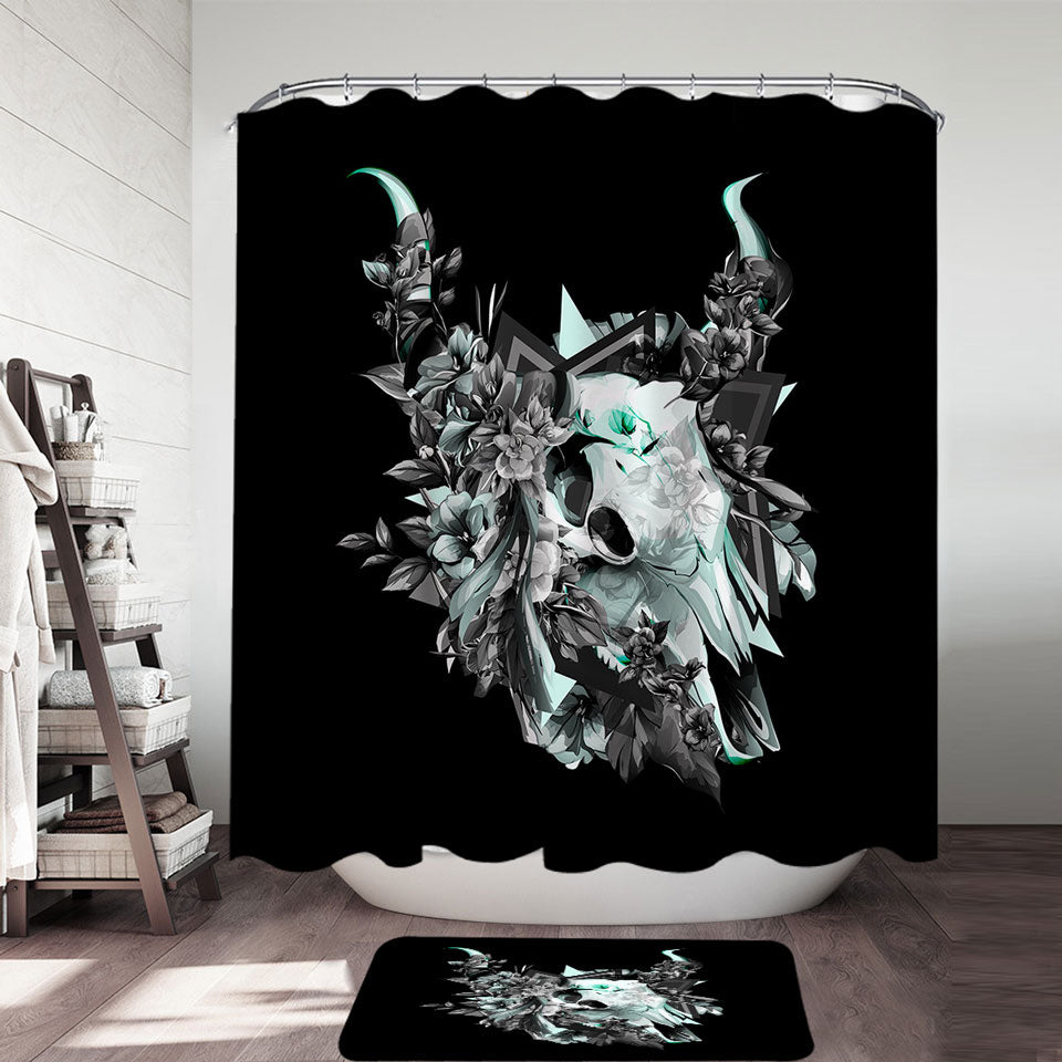 Cool Turquoise Bull Skull Fabric Shower Curtains