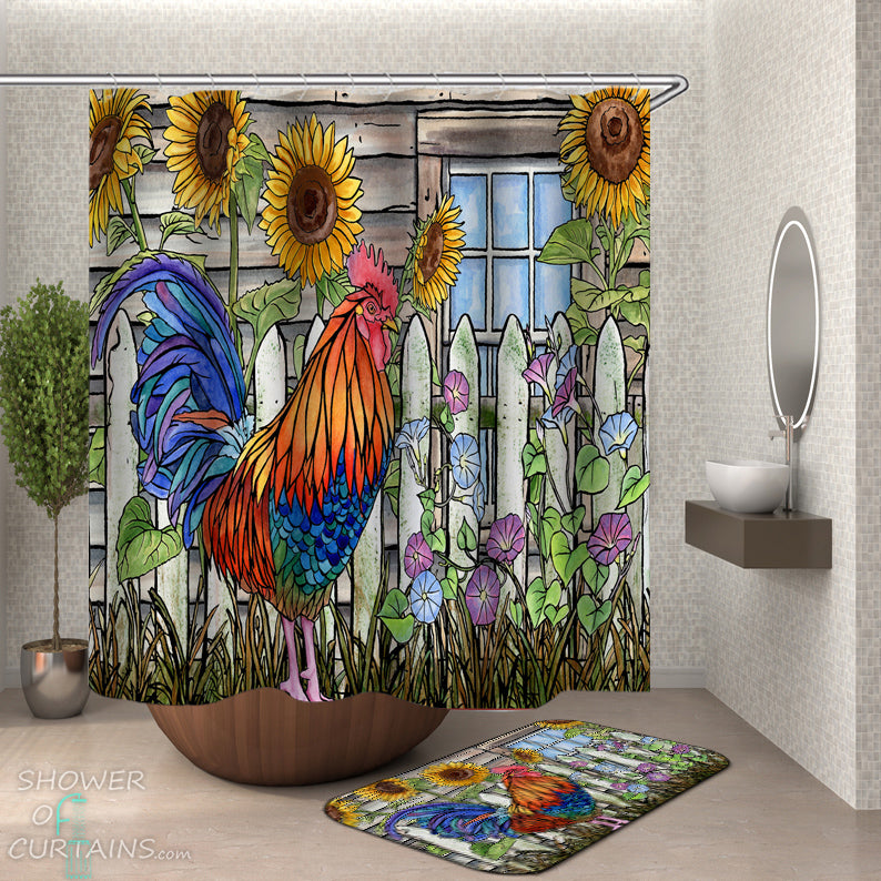 Country Shower Curtains of Sunflowers And Rooster Painting