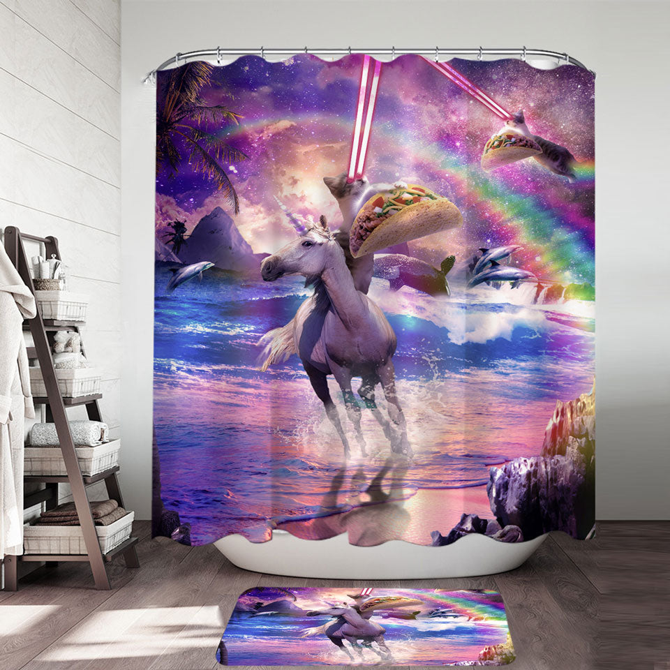 Crazy Funny Art Laser Space Cat on Unicorn Shower Curtains