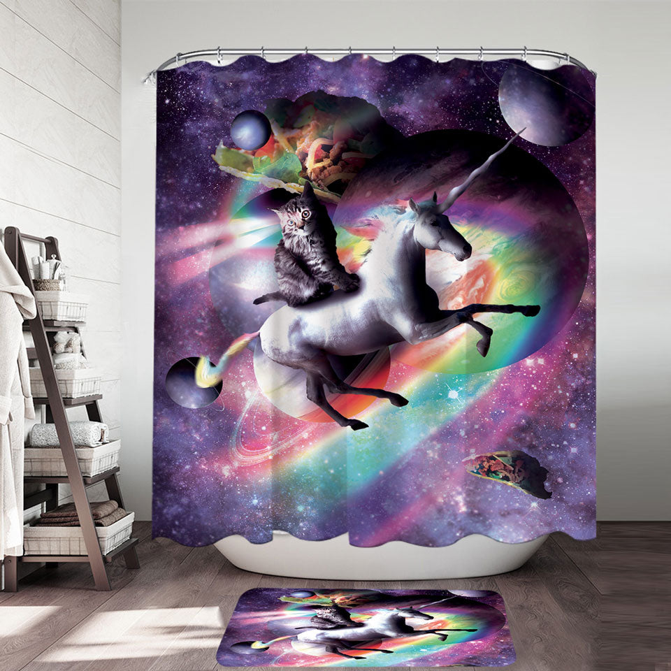 Crazy Funny Space Cat Riding Unicorn Shower Curtain