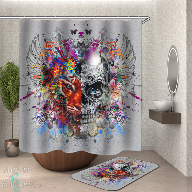 Crazy Skull Shower Curtain - Crazy Colorful Mix Skull And Tiger