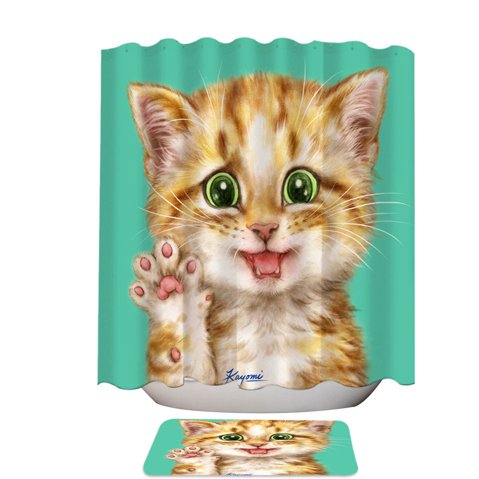 Cute Cats Art Shy Ginger Kitten Shower Curtains for Kids Bathroom