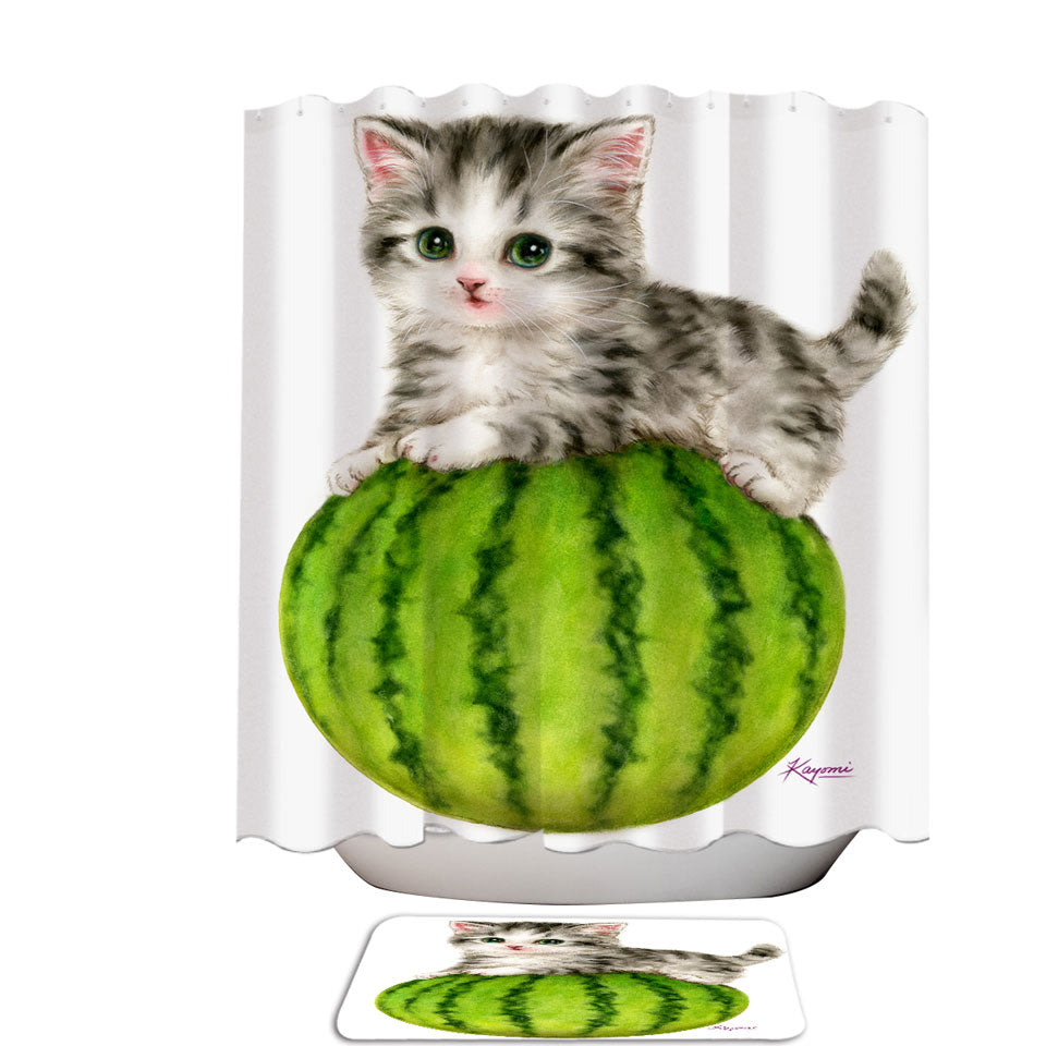 Cute Cats Drawing Watermelon Kitten Shower Curtains and Bathroom Rugs Mats
