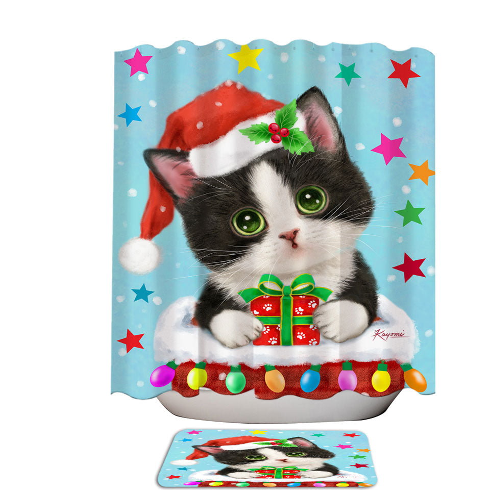 Cute Christmas Shower Curtains and Bathroom Rugs Tuxedo Cat in Chimney