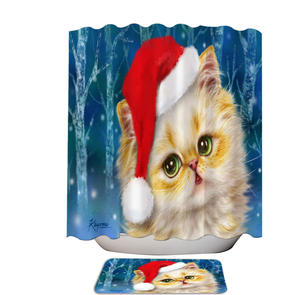 Cute Christmas Trendy Shower Curtains Cat Design Ginger Santa Kitten