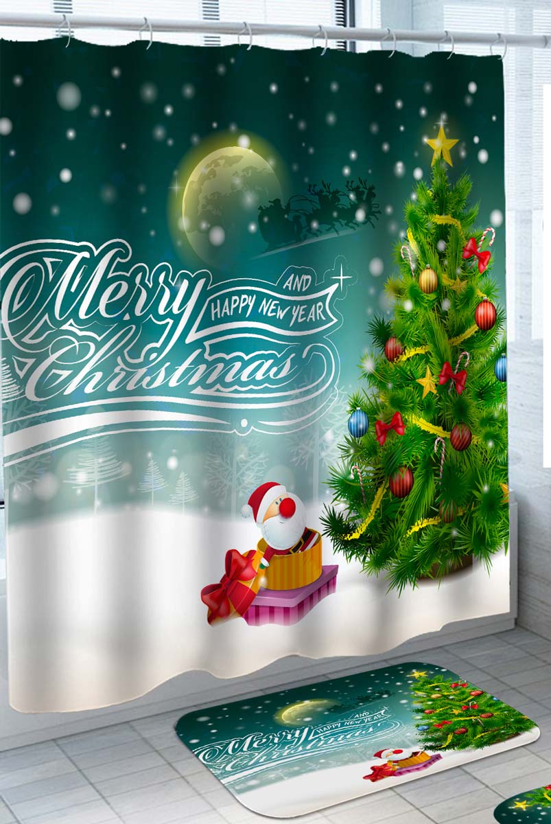 Cute Santa Claus Wishing Merry Christmas Shower Curtains and Bath Mats