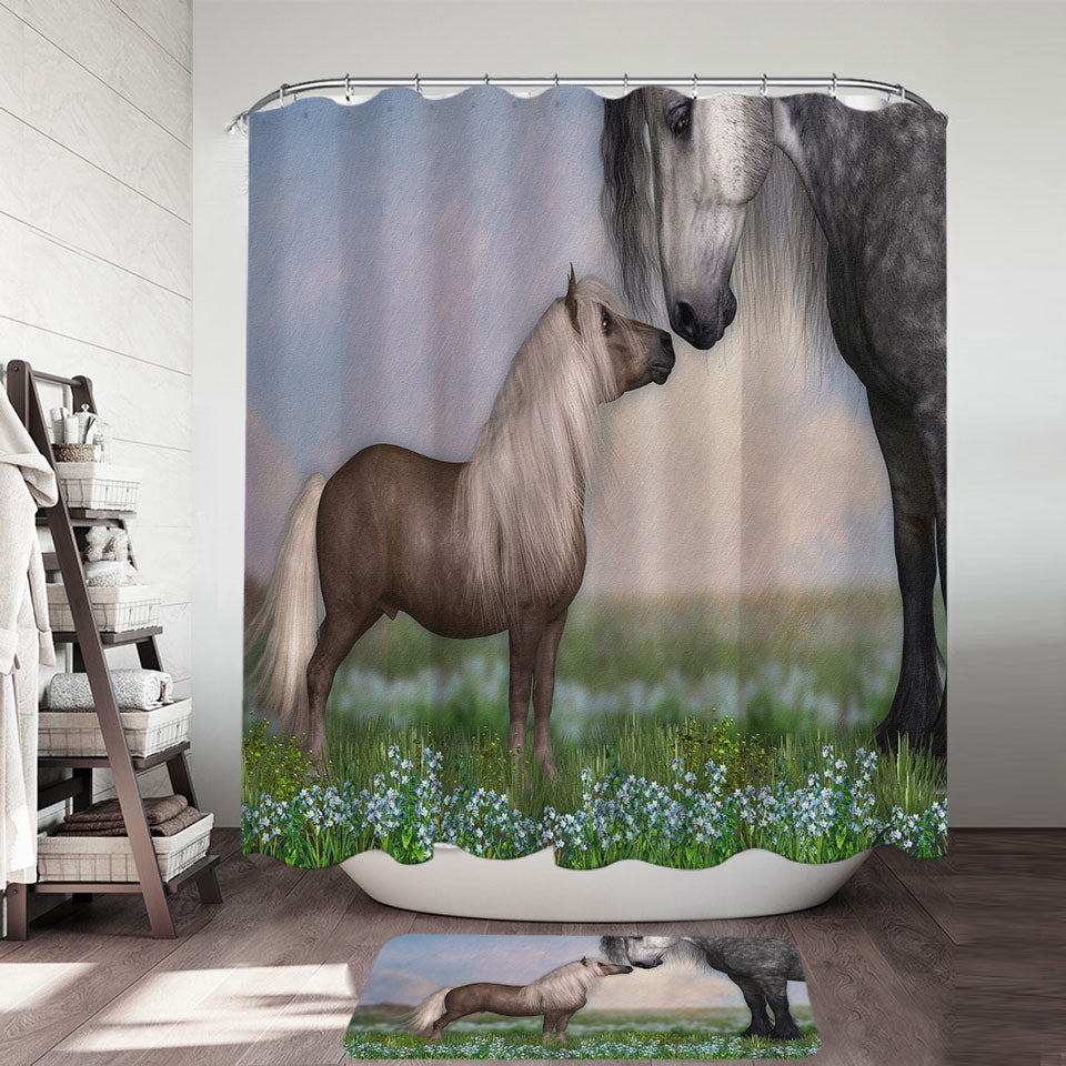 Cute Shower Curtains Horses Art Momma with Cute Foal in the Meadow