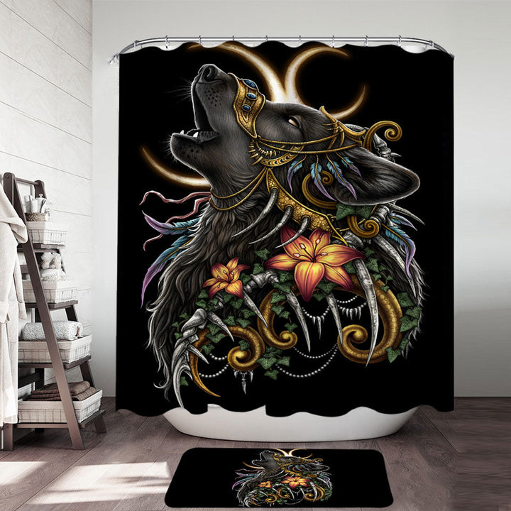 Dark Art Lilies and Howling Wolf Shower Curtain