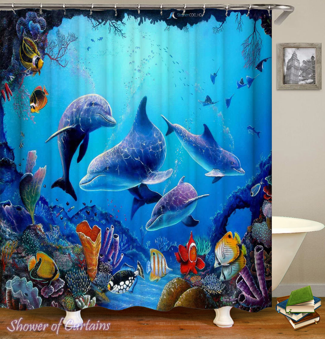 Dolphin Reef Shower Curtain - Ocean Themed Bathroom