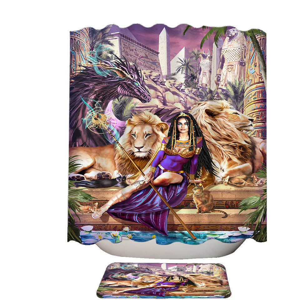 Egyptian Art Lions Dragon and Princess Cleopatra Shower Curtain