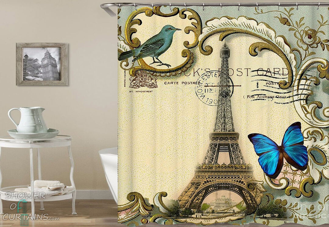 Eiffel Tower Postcard Shower Curtain - Paris Bathroom Decor
