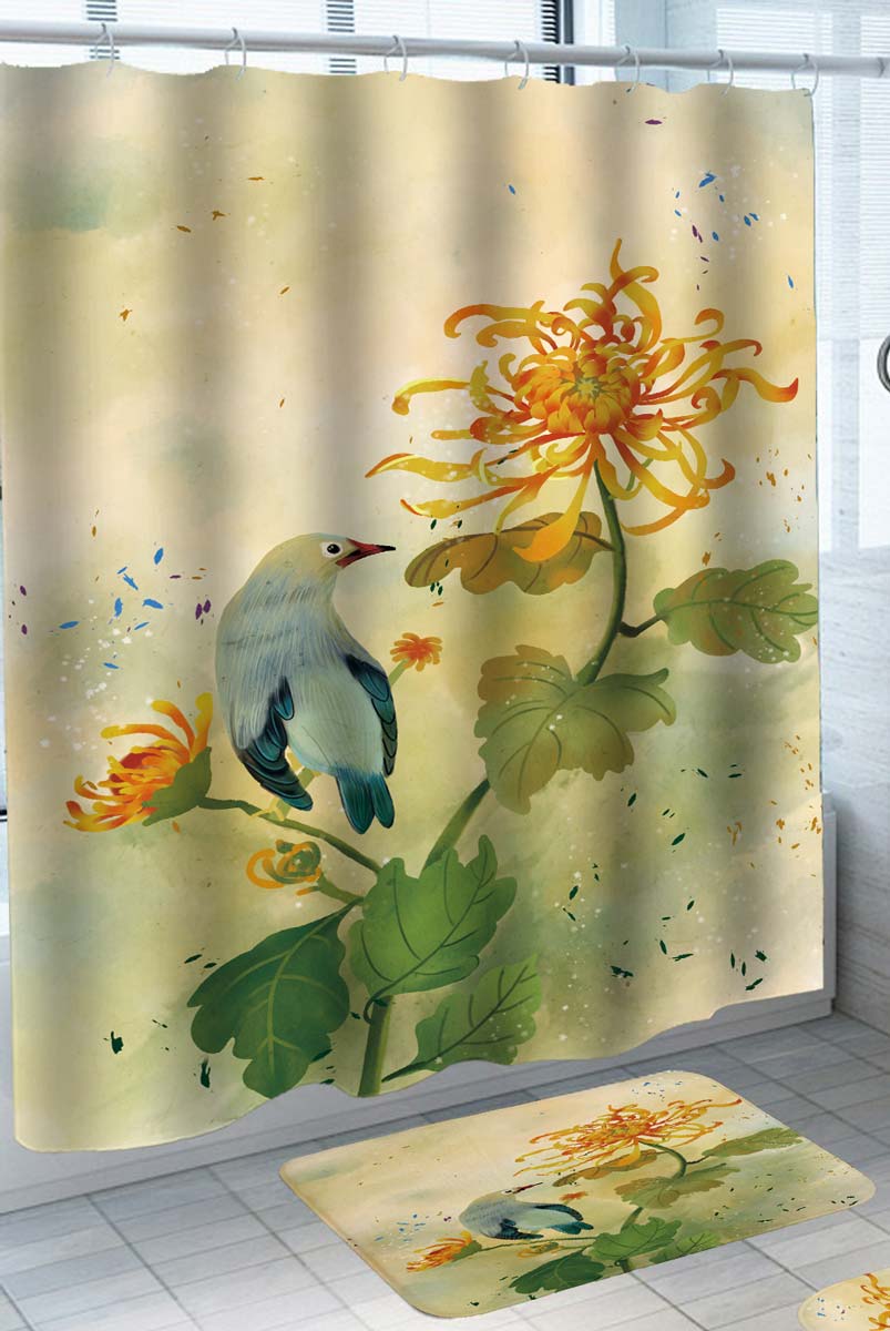 Elegant Shower Curtains Yellow Flowers and Bird Painting