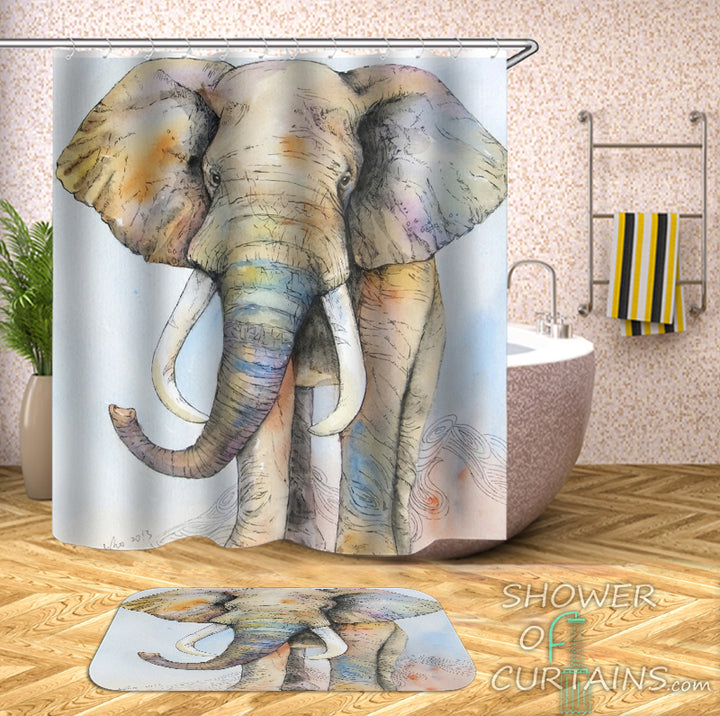 Elephant Shower Curtain Features Light Colors Elephant Drawing