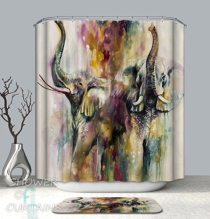 Elephant Shower Curtain of Colorful Artwork Elephants Shower Curtain
