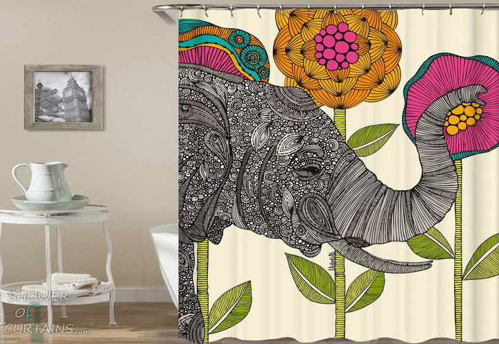 Elephant Shower Curtain of Oriental Elephant And Flowers Drawing