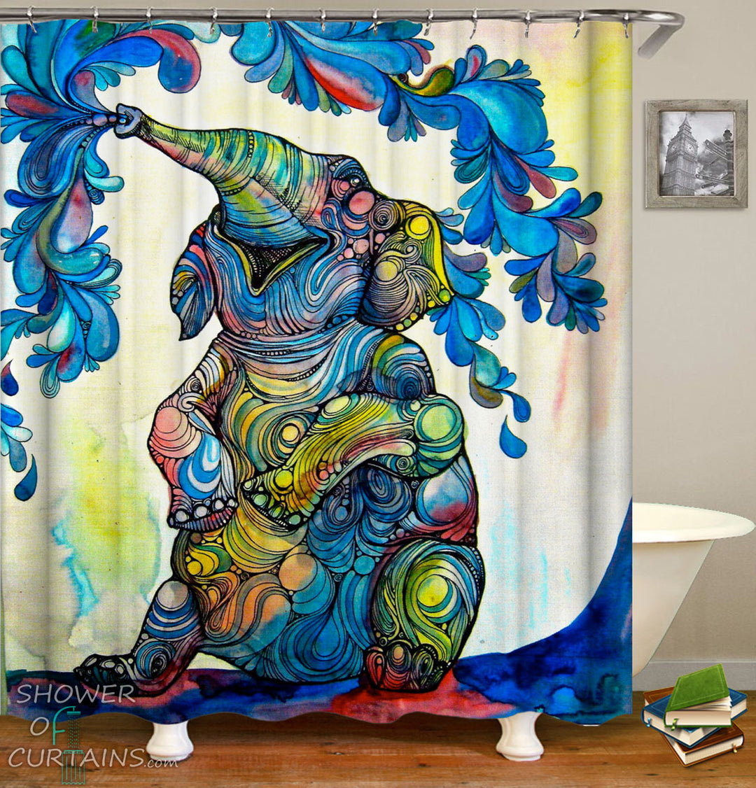 Elephant Shower Curtains of Multi Colored Happy Elephant