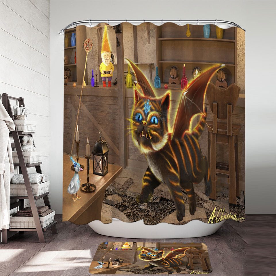 Fantasy Art Bixie the Dragon Cat Cute Shower Curtains