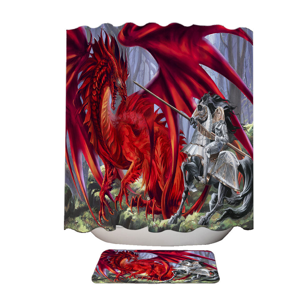 Fantasy Art Blood Lust Knight vs Red Dragon Fabric Shower Curtain