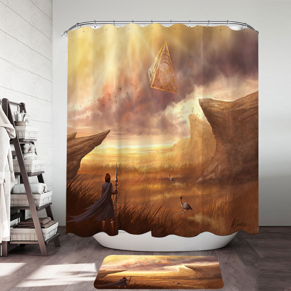 Fantasy Art Shower Curtains Hovering Pyramid above Warrior