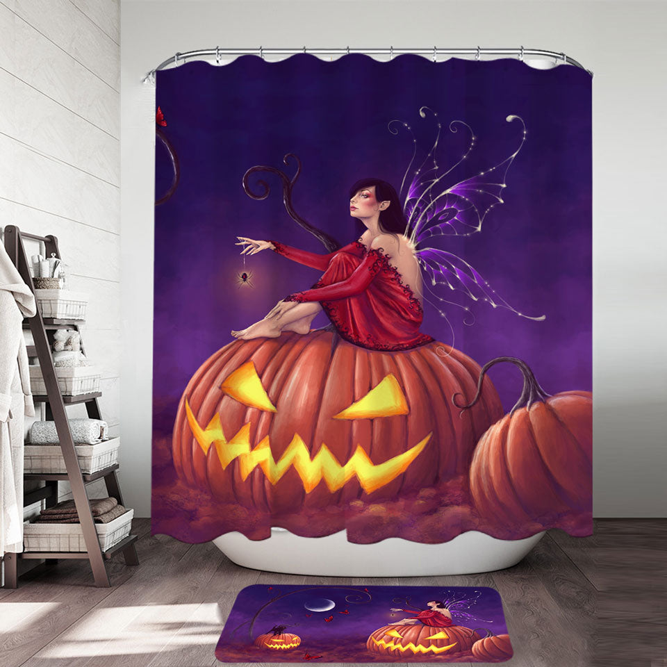 Fantasy Halloween Shower Curtain Witch Fairy and Scary Pumpkins