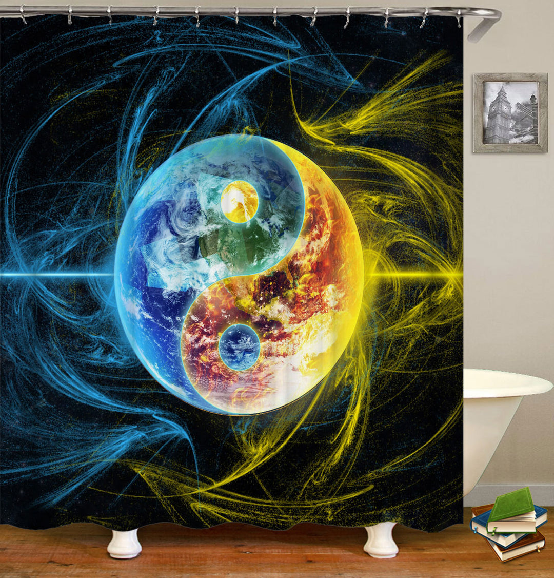 Fire Water Blue Yellow Yin and Yang Shower Curtain