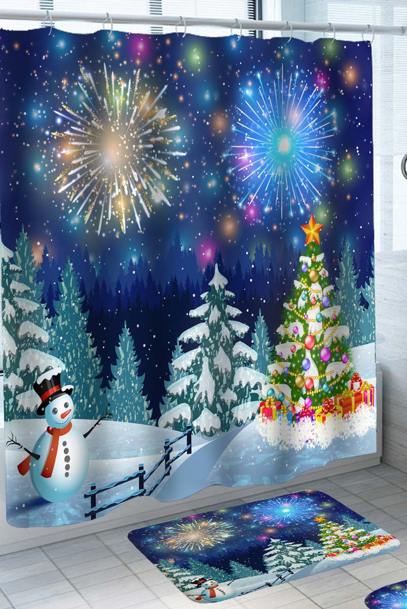 Fireworks in Night Sky above Christmas Trees Shower Curtain
