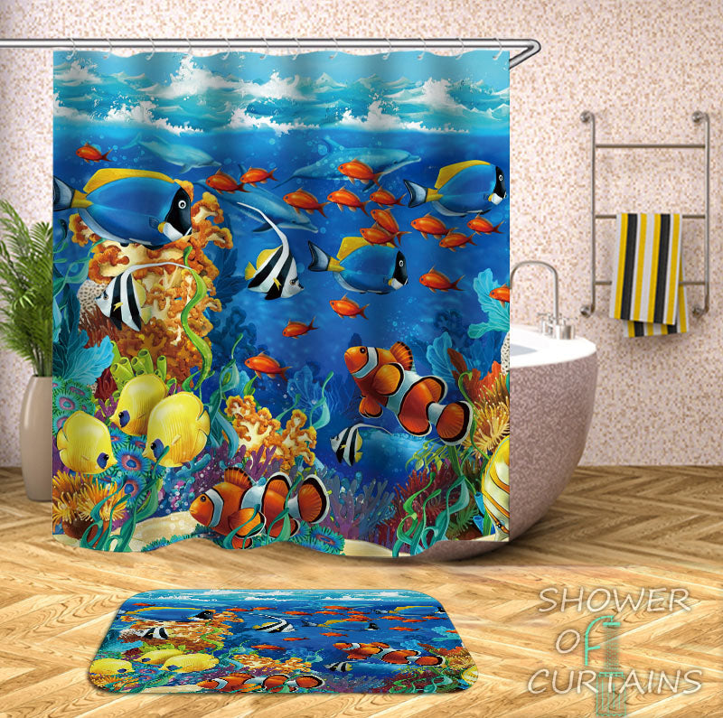 Fish And Coral Shower Curtains of Multi Colored Ocean's Life