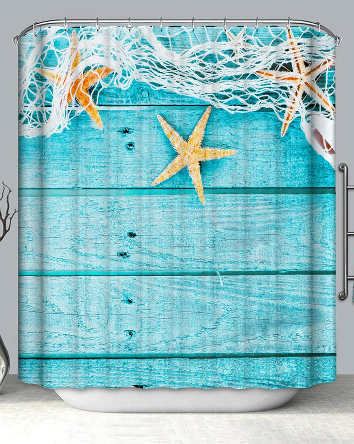 Fisherman Shower Curtain Fishnet and Starfish on Turquoise Wooden Deck