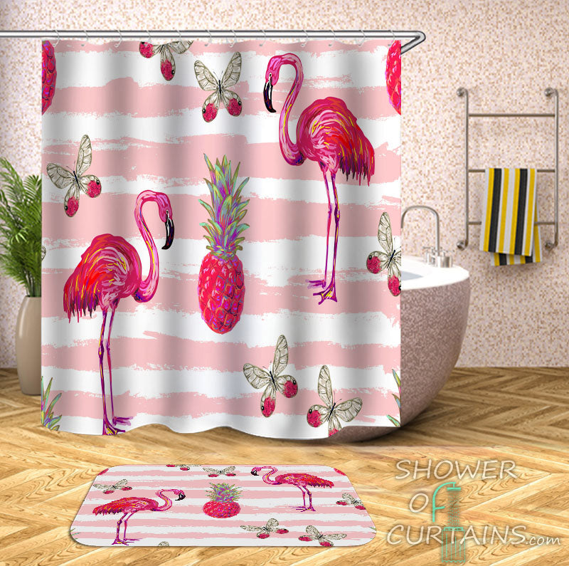 Flamingo Shower Curtain - Flamingos Pineapple And Butterflies Pinkish Vibes
