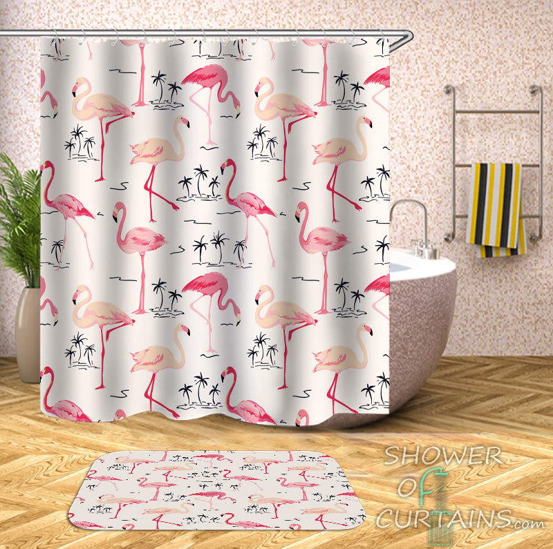 Flamingo Shower Curtain and Bath Mat of Flamingos And Palms Pattern