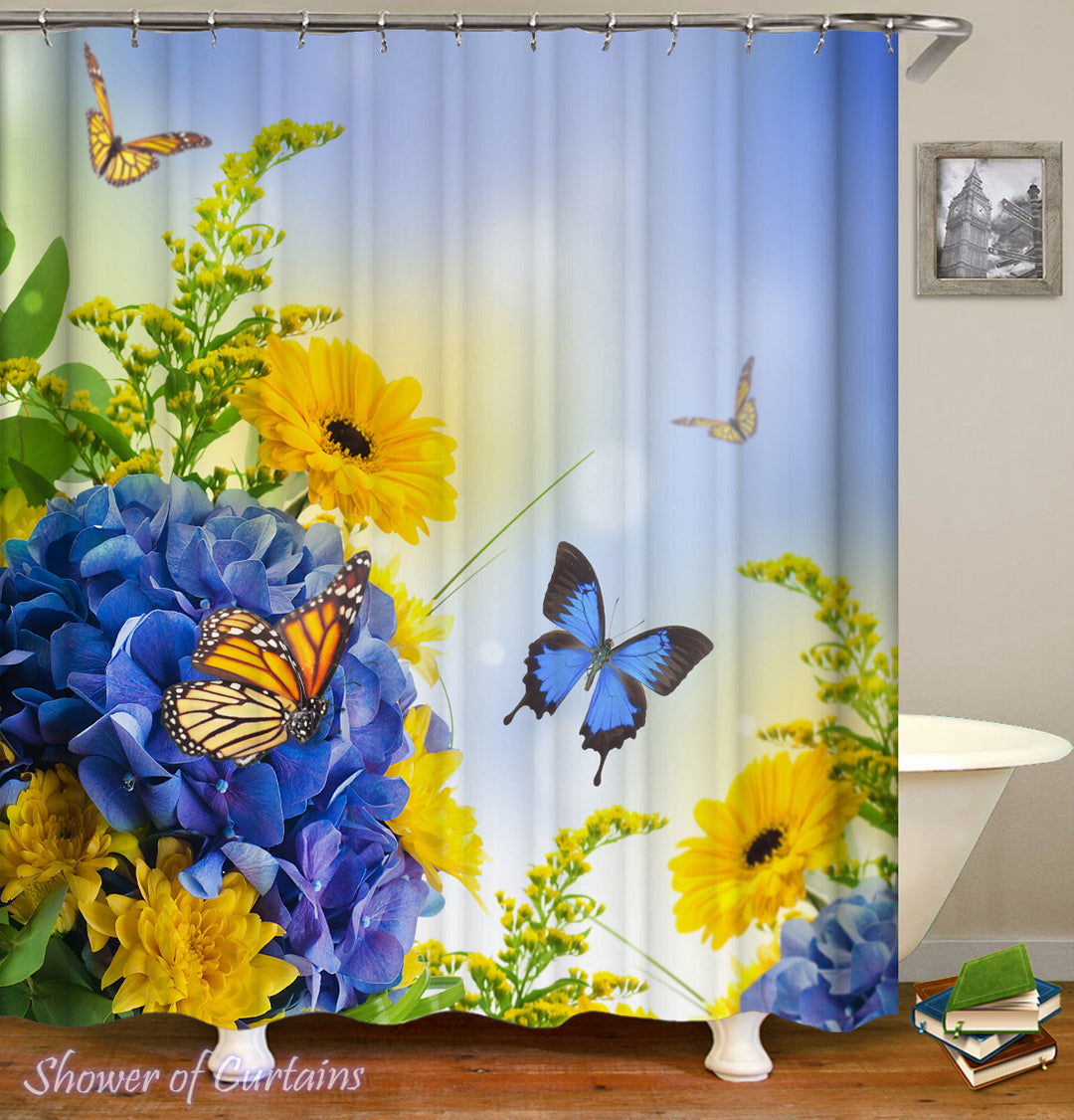 Floral Shower Curtain - Blue And Yellow Flowers ft. Butterflies