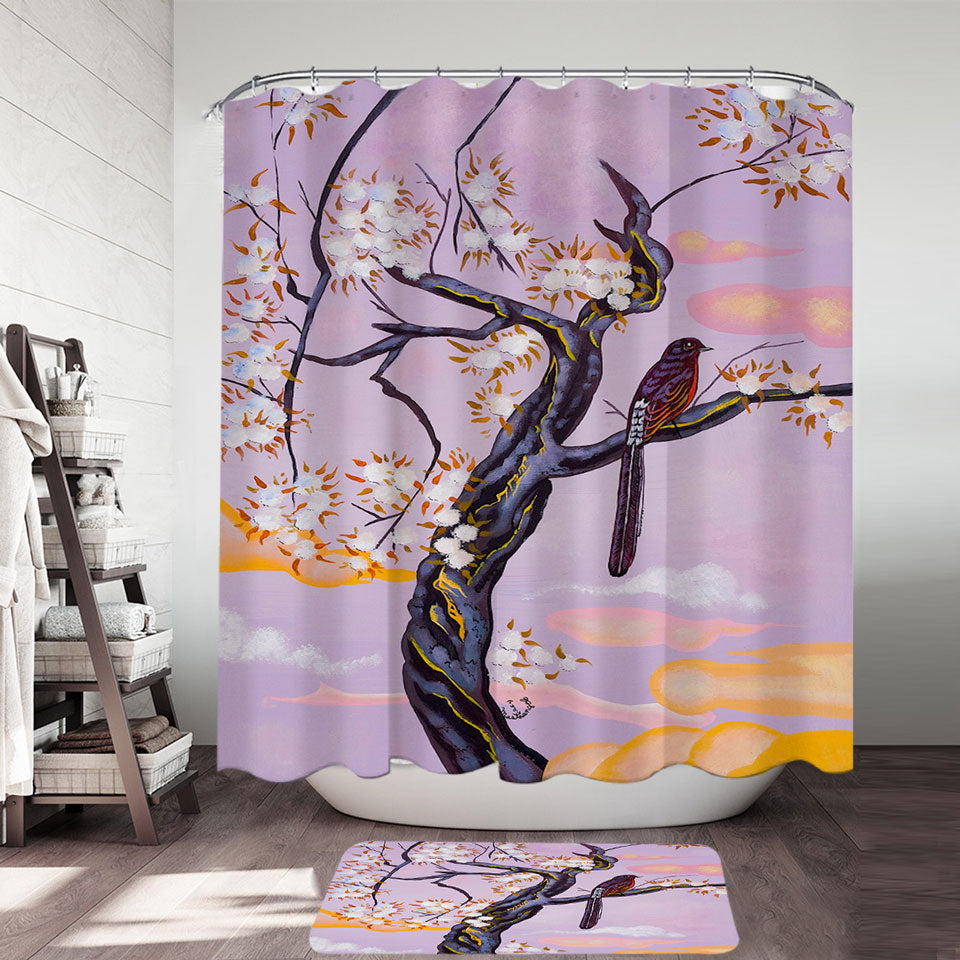 Flowers Painting Bird on Lavender Shower Curtain