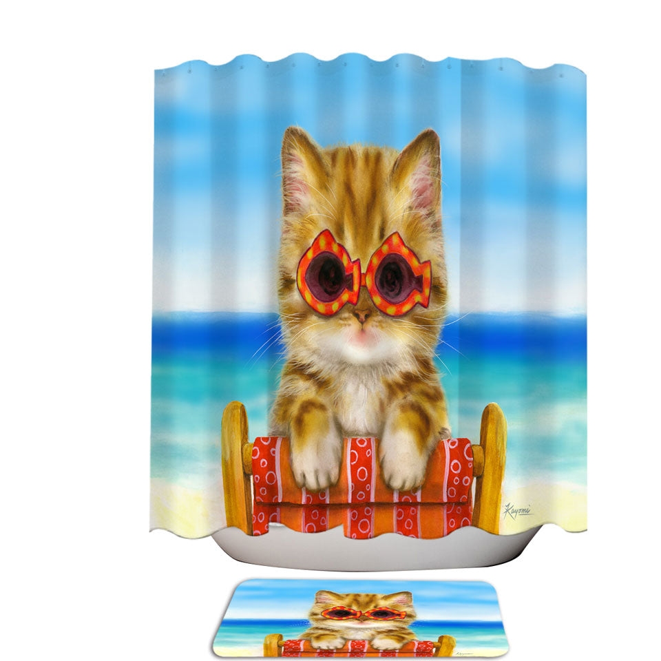 Funny Cats Shower Curtains Ginger Tabby Kitten at the Beach
