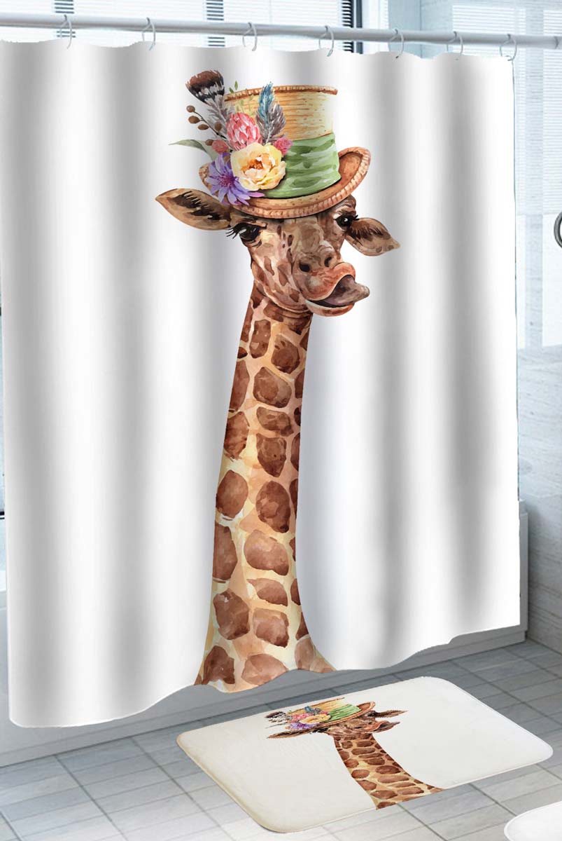 Funny Shower Curtains with Top Hat Lady Giraffe