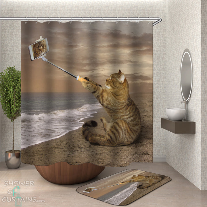 Funny Cat Shower Curtain of Cat's Selfie On The Beach Shower Curtain