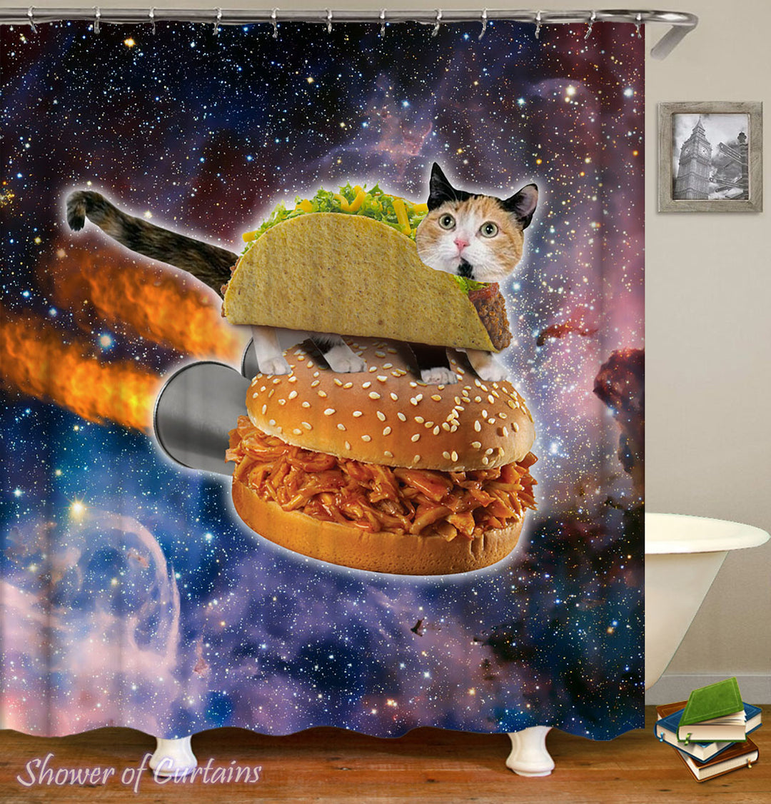 Funny Cat Shower Curtain of Taco Cat In Space