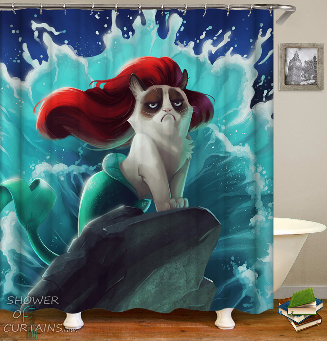 Funny Shower Curtains of Mermaid Cat