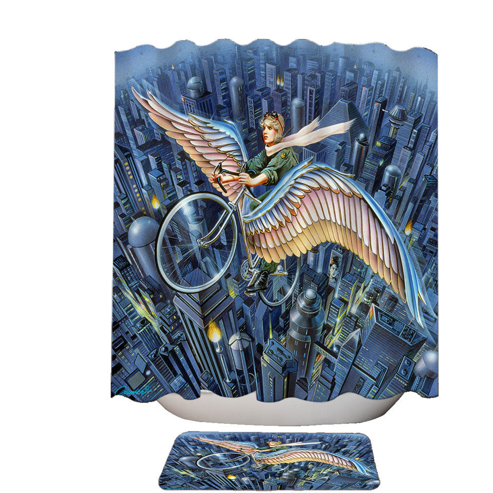 Future Icarus Bicycle Wings above the City Shower Curtain