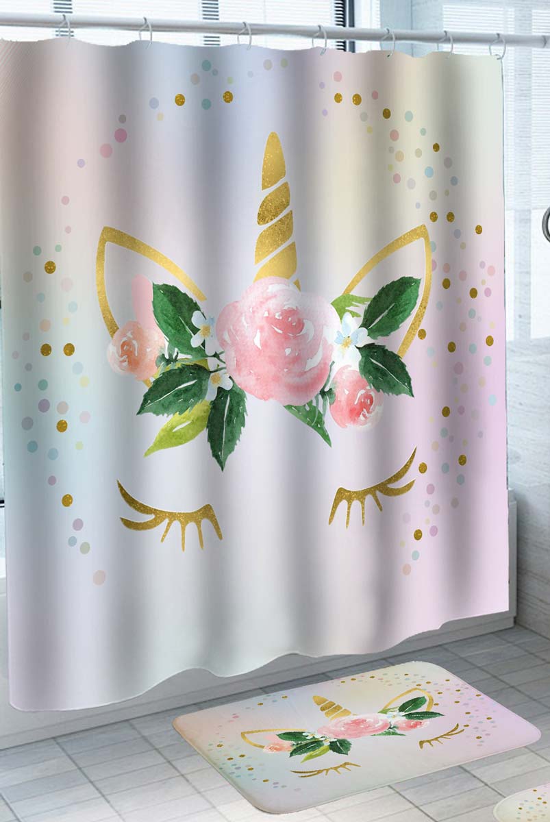 Girls Shower Curtain Rosy Golden Unicorn Face