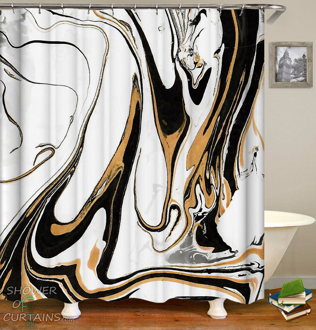 Golden Black Marble Shower Curtains and Bath Mats