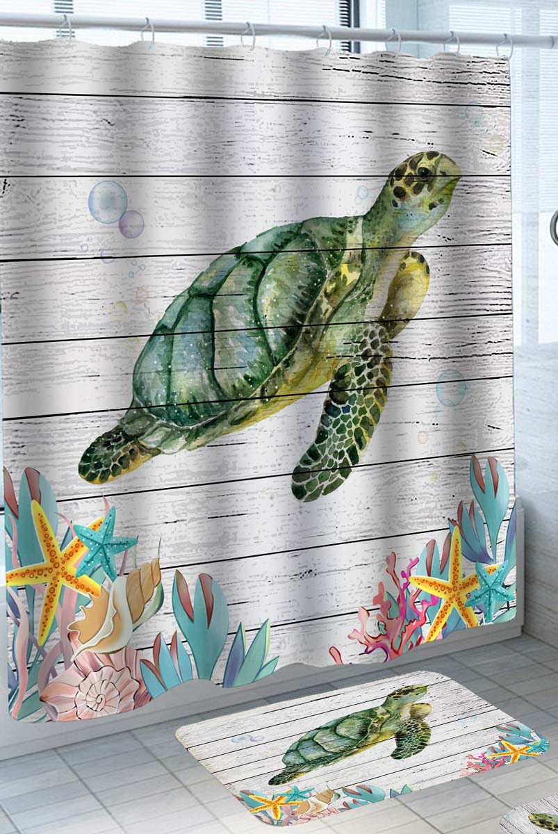 Green Turtle and Colorful Coral on Wooden Deck Shower Curtain