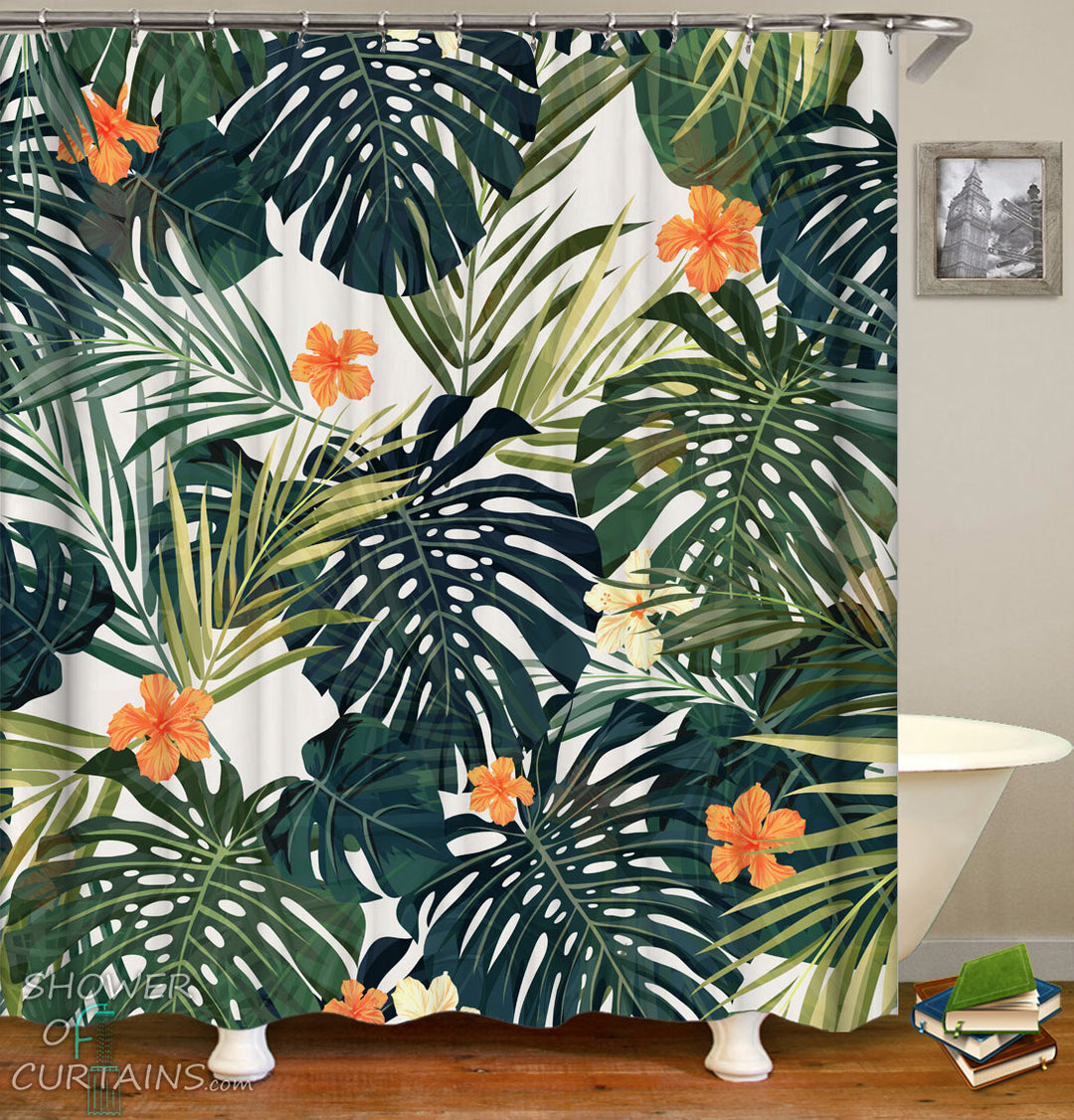 Hibiscus Shower Curtain of Hibiscus And Green Leaves