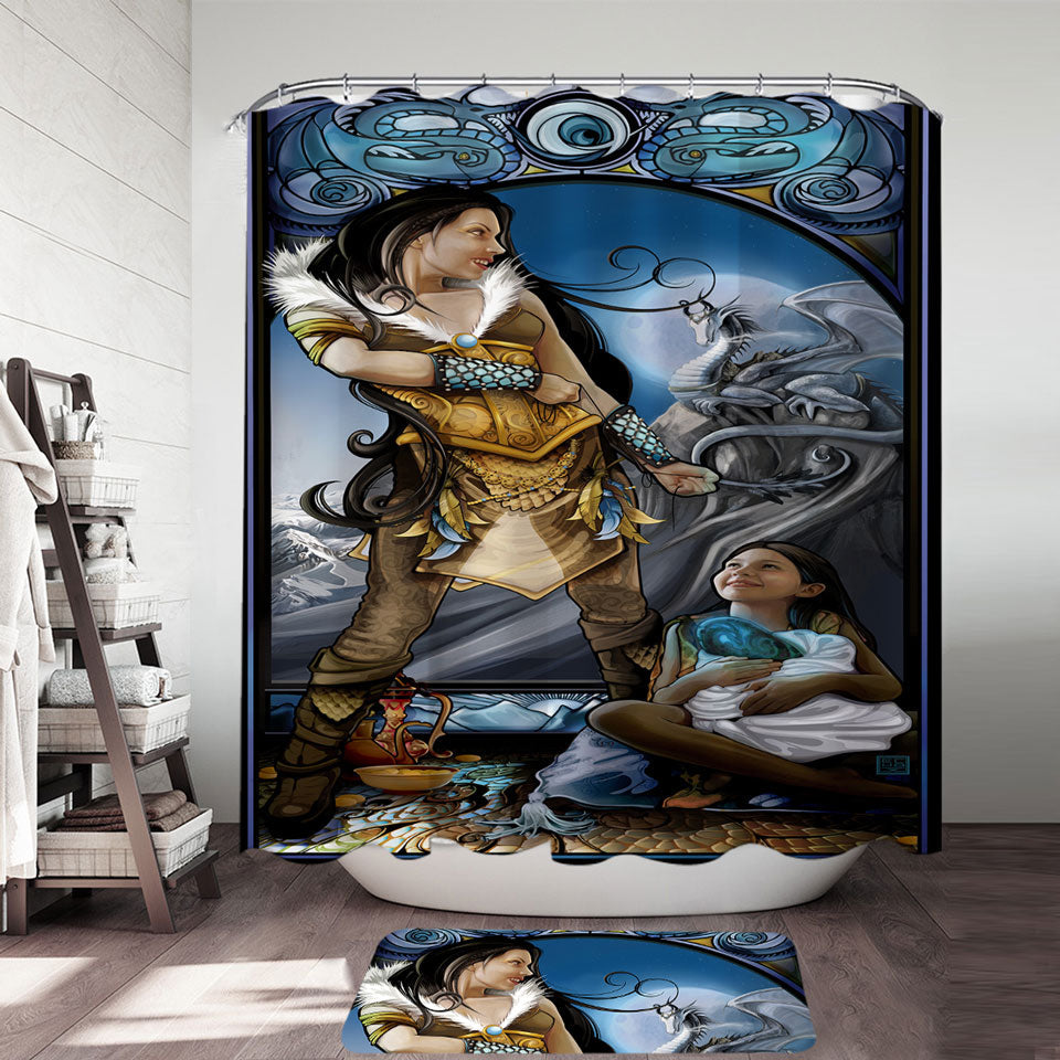 Inexpensive Shower Curtains with Fantasy Art Dragon Rider
