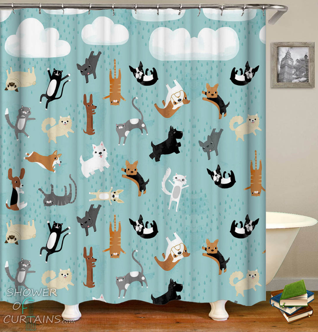It’s Raining Pets Shower Curtain_Dogs and Cats Shower Curtain