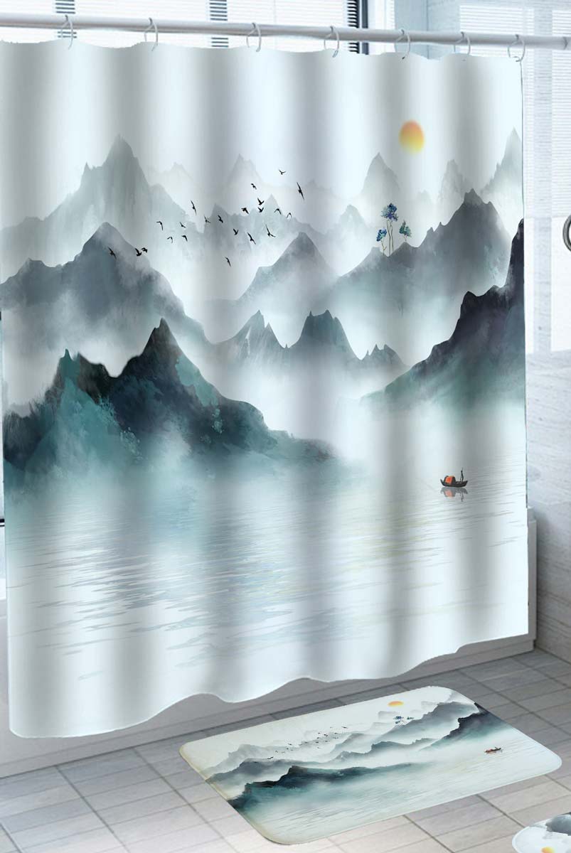 Japanese Art Shower Curtain Nature Mountains by the Lake
