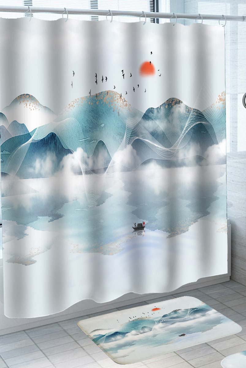 Japanese Art Shower Curtains Lake by the Mountain Range