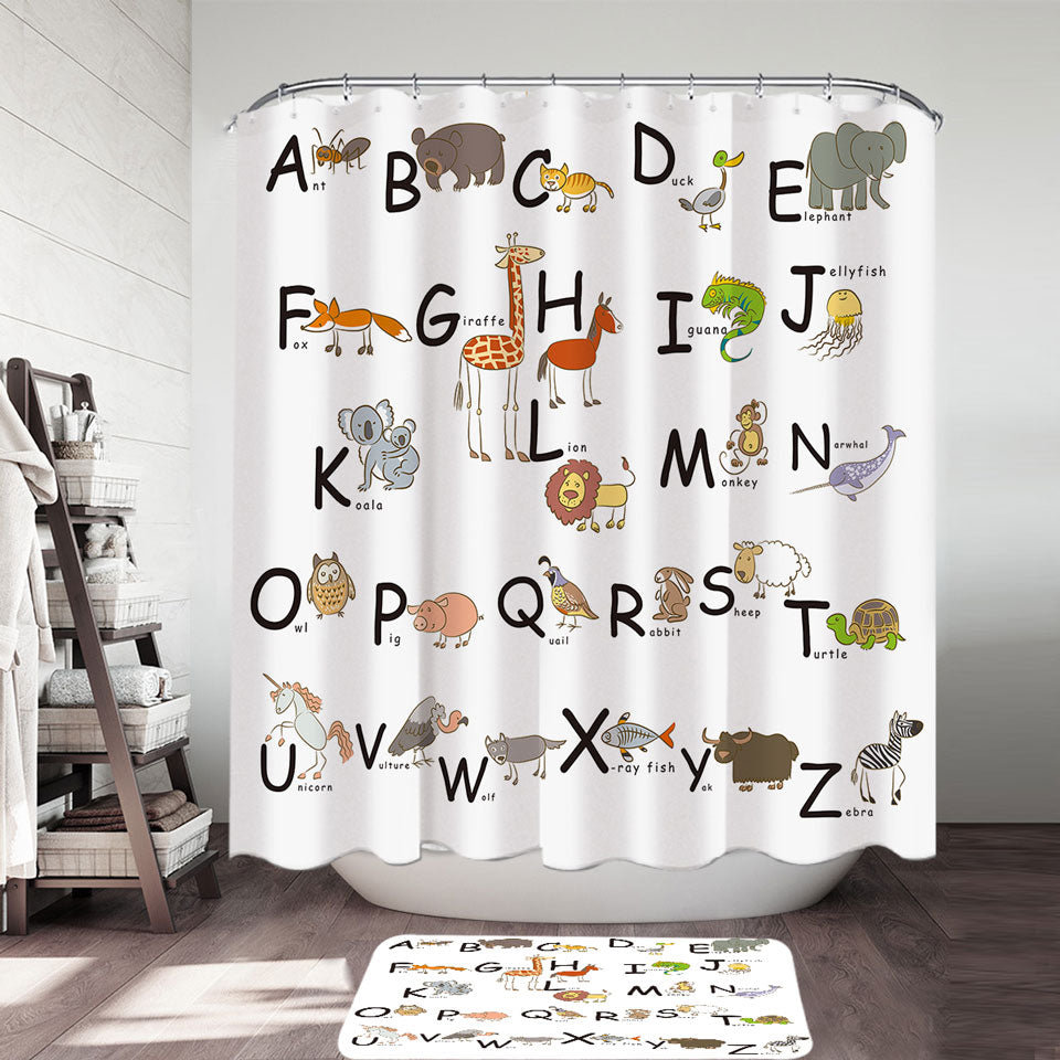 Kids Shower Curtains ABC Alphabet Kids Characters