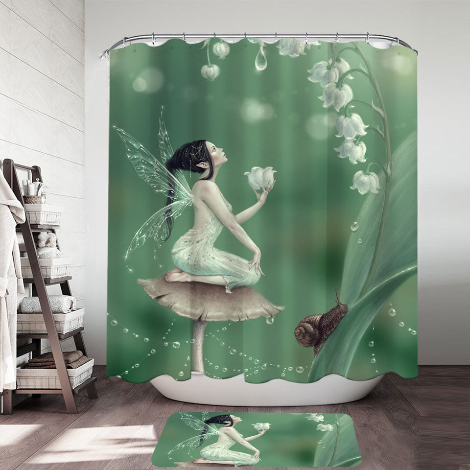 Kids Shower Curtains with Snail and Cute Little Fairy the Lily of the Valley