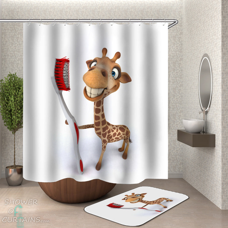 Kids Bathroom Decor of Cartoon Giraffe Shower Curtain and Bath Mat