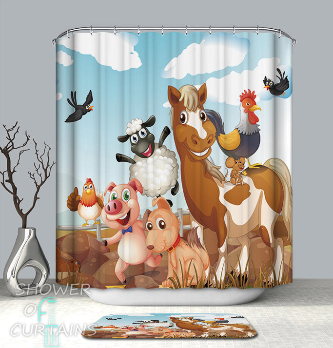 Kids' Shower Curtains of Friendly Farm Animals